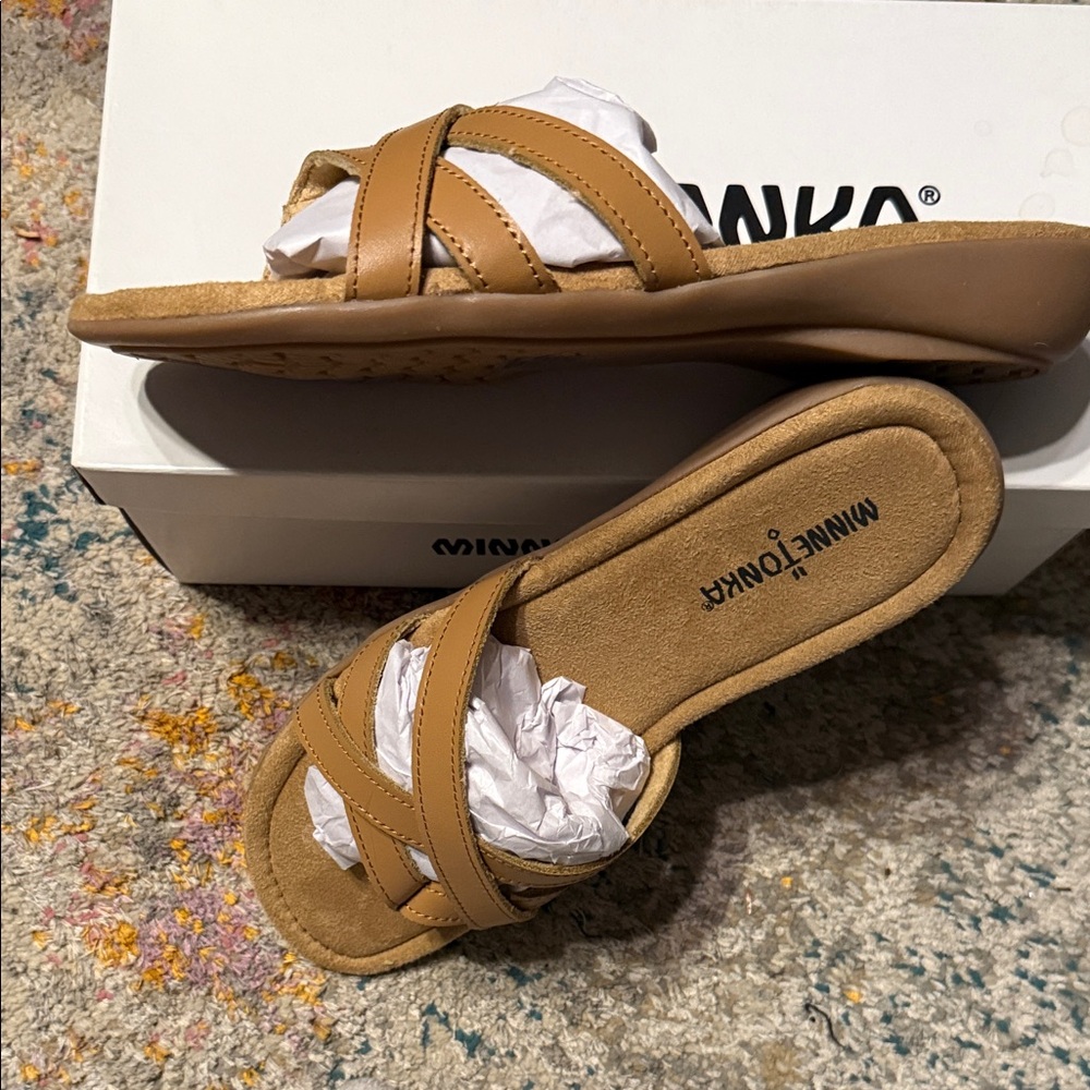 Minnetonka Tan Leather Crisscross Slide Sandals - Picture 2 of 8
